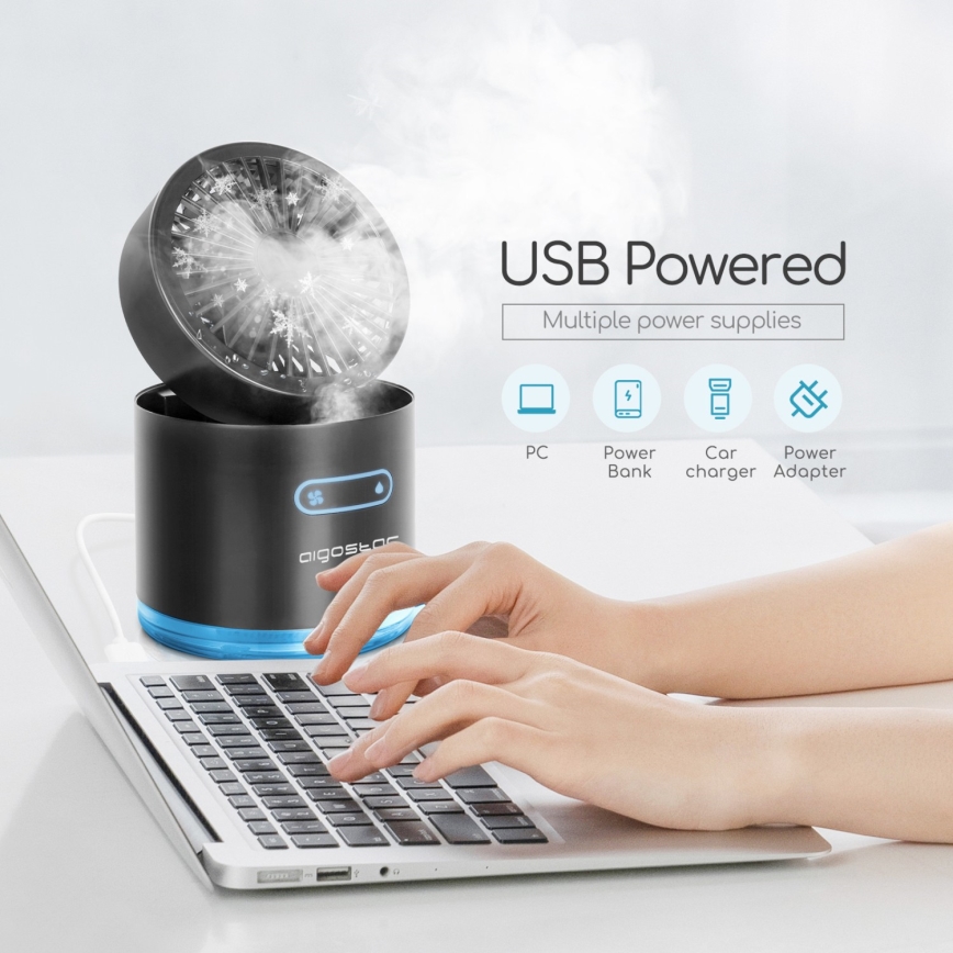 Aigostar - RGB Bežični mini stolni ventilator sa efektom magle MIST 10W/5V crno