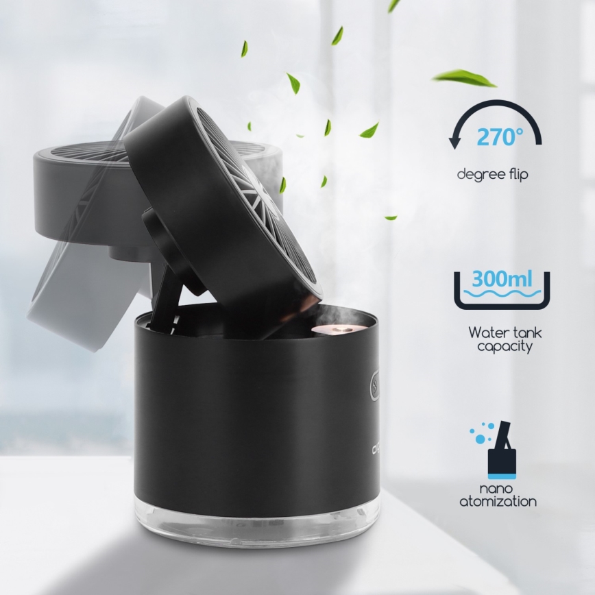 Aigostar - RGB Bežični mini stolni ventilator sa efektom magle MIST 10W/5V crno