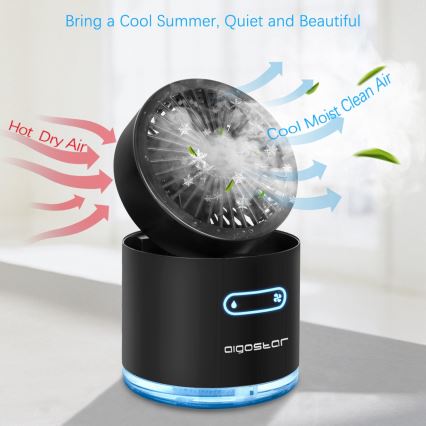 Aigostar - RGB Bežični mini stolni ventilator sa efektom magle MIST 10W/5V crno