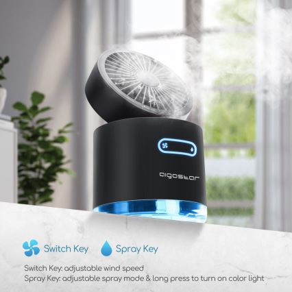 Aigostar - RGB bežični mini stoni ventilator sa maglenim efektom MIST, 10W/5V, 2000mAh, crna