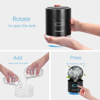 Aigostar - RGB bežični mini stoni ventilator sa maglenim efektom MIST, 10W/5V, 2000mAh, crna