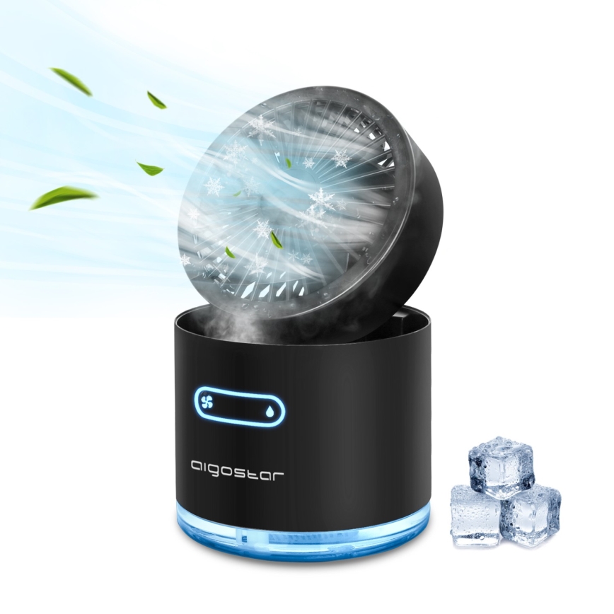 Aigostar - RGB bežični mini stoni ventilator sa maglenim efektom MIST, 10W/5V, 2000mAh, crna