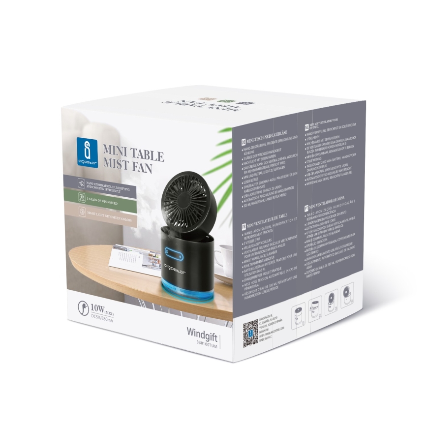 Aigostar - RGB bežični mini stoni ventilator sa maglenim efektom MIST, 10W/5V, 2000mAh, crna