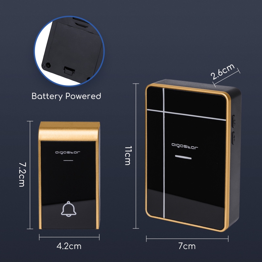 Aigostar - KOMPLET 2x bežična zvona 3xAA/12V IP44 crne boje