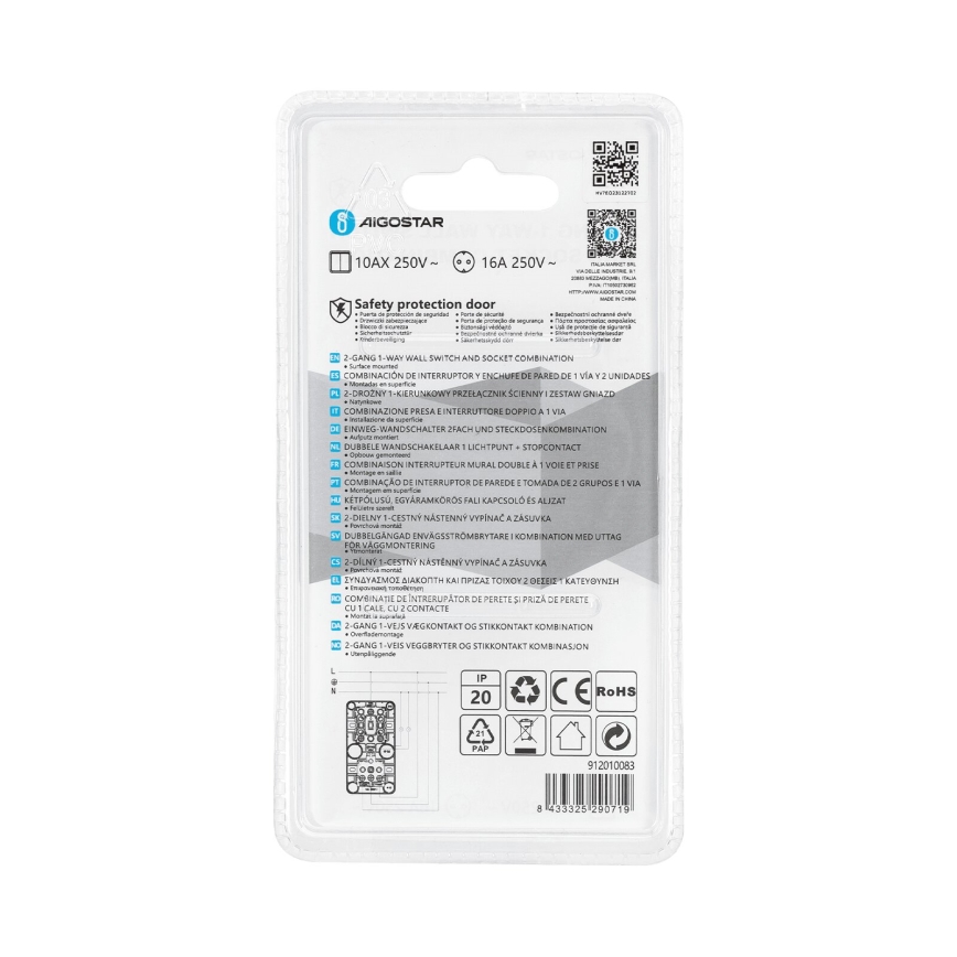 Aigostar - Kućni prekidač 2P sa utičnicom 1x10A/250V