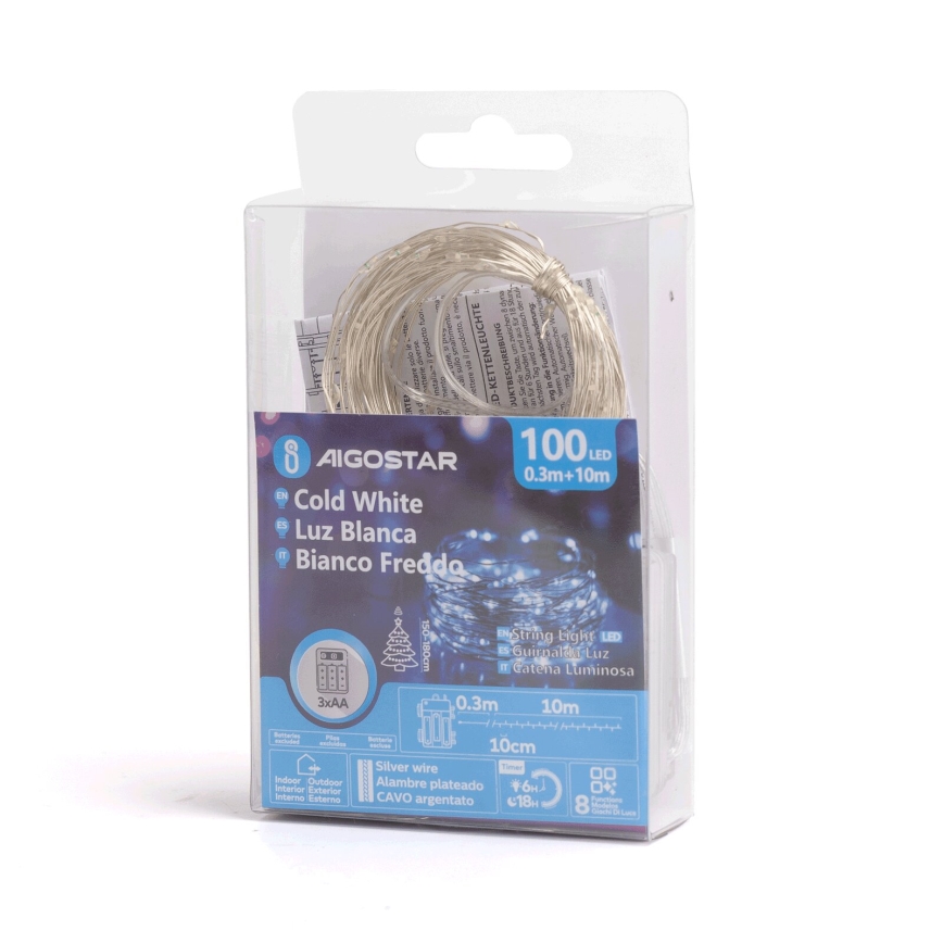 Aigostar - LED Božićne spoljašnje lampice 100xLED/8 funkcije/3xAA 10,3m IP44 hladna bela