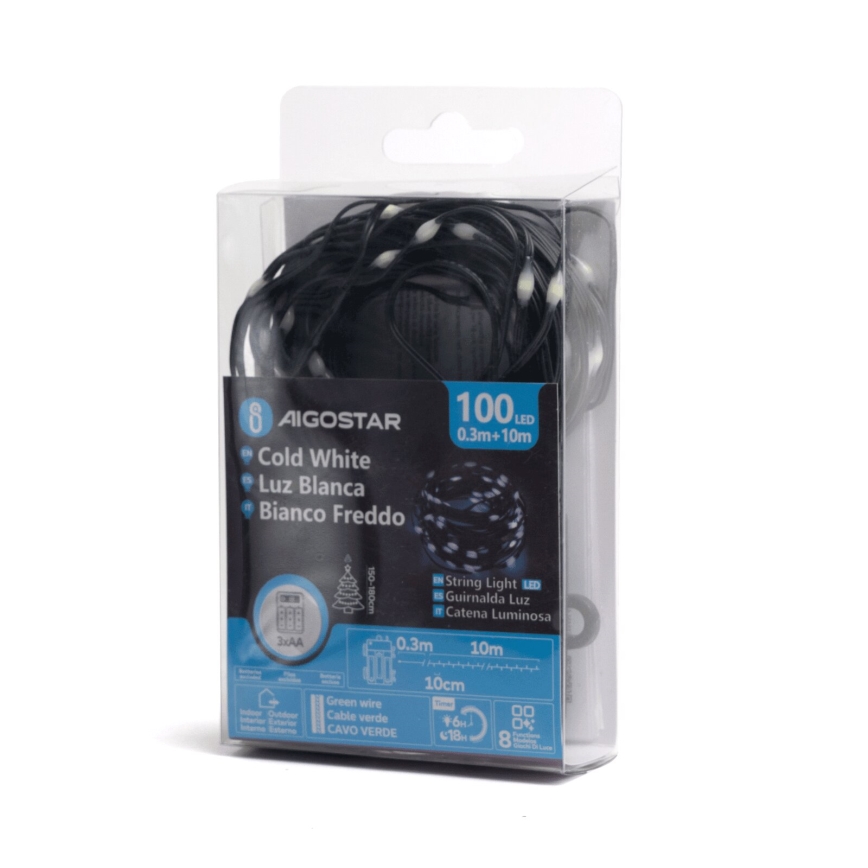 Aigostar - LED Božićne spoljašnje lampice 100xLED/8 funkcije/3xAA 10,3m IP44 hladna bela