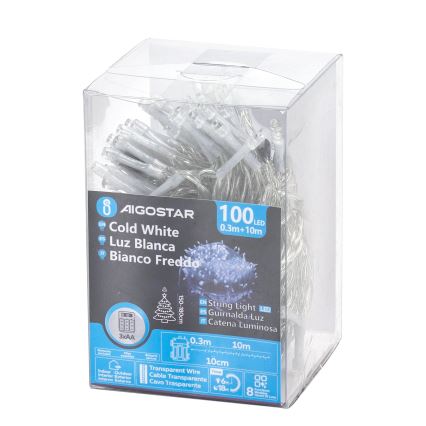 Aigostar - LED Božićne spoljašnje lampice 100xLED/8 funkcije/3xAA 10,3m IP44 hladna bela