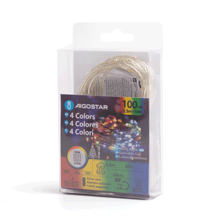 Aigostar - LED Božićne spoljašnje lampice 100xLED/8 funkcije/3xAA10,3m IP44 šareni