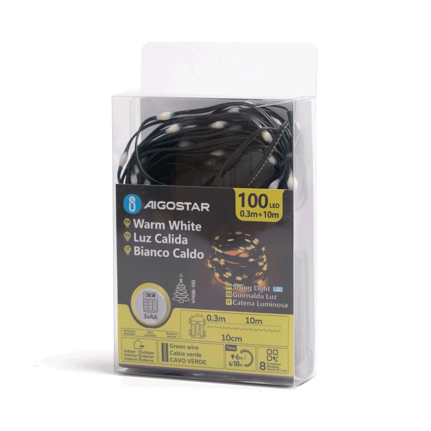 Aigostar - LED Božićne spoljašnje lampice 100xLED/8 funkcije 3xAA 10,3m IP44 topla bela
