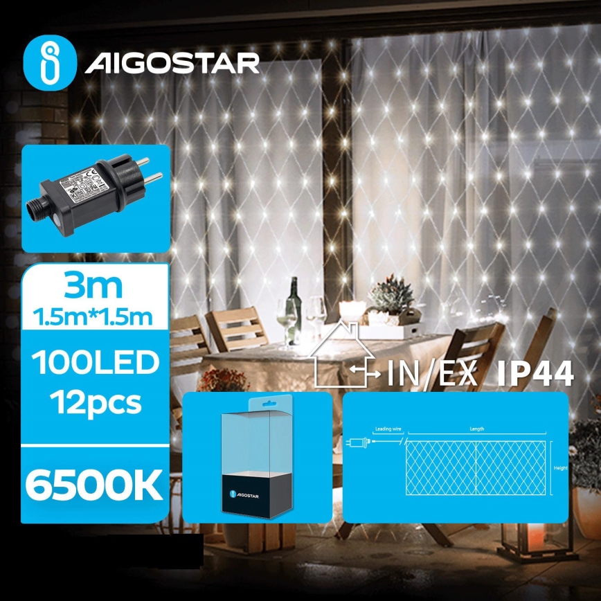 Aigostar- LED Božićne spoljašnje lampice 100xLED/8 funkcije 4,5x1,5m IP44 hladna bela