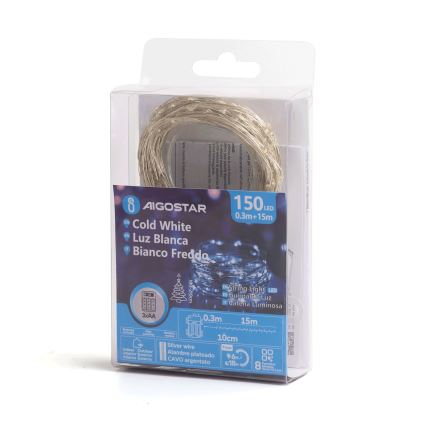 Aigostar - LED Božićne spoljašnje lampice 150xLED/8 funkcije/3xAA 15,3m IP44 hladna bela