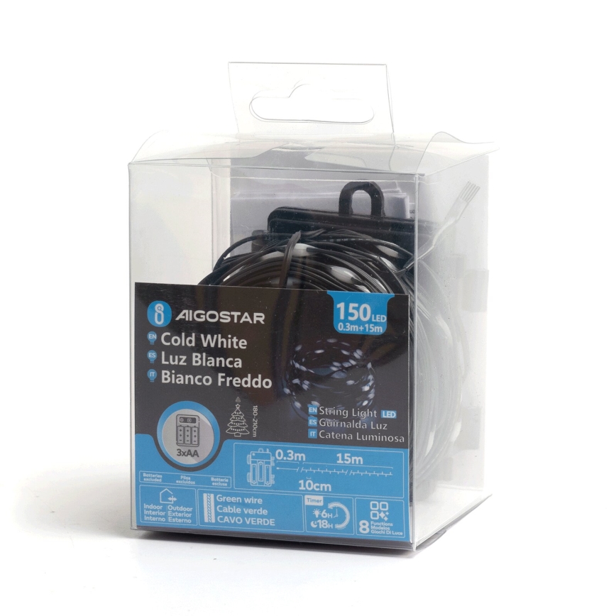Aigostar - LED Božićne spoljašnje lampice 150xLED/8 funkcije/3xAA 15,3m IP44 hladna bela