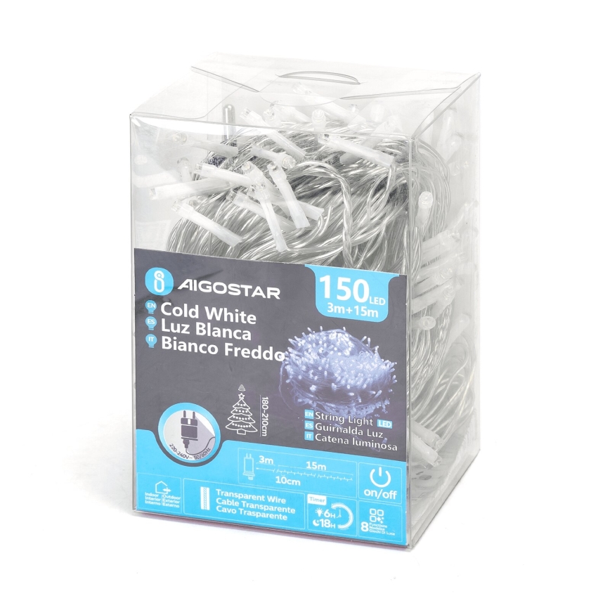 Aigostar - LED Božićne spoljašnje lampice 150xLED/8 funkcije 18m IP44 hladna bela