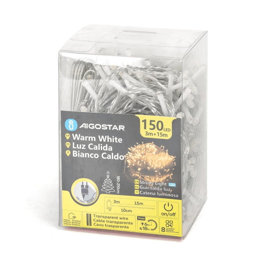 Aigostar - LED Božićne spoljašnje lampice 150xLED/8 funkcije 18m IP44 topla bela