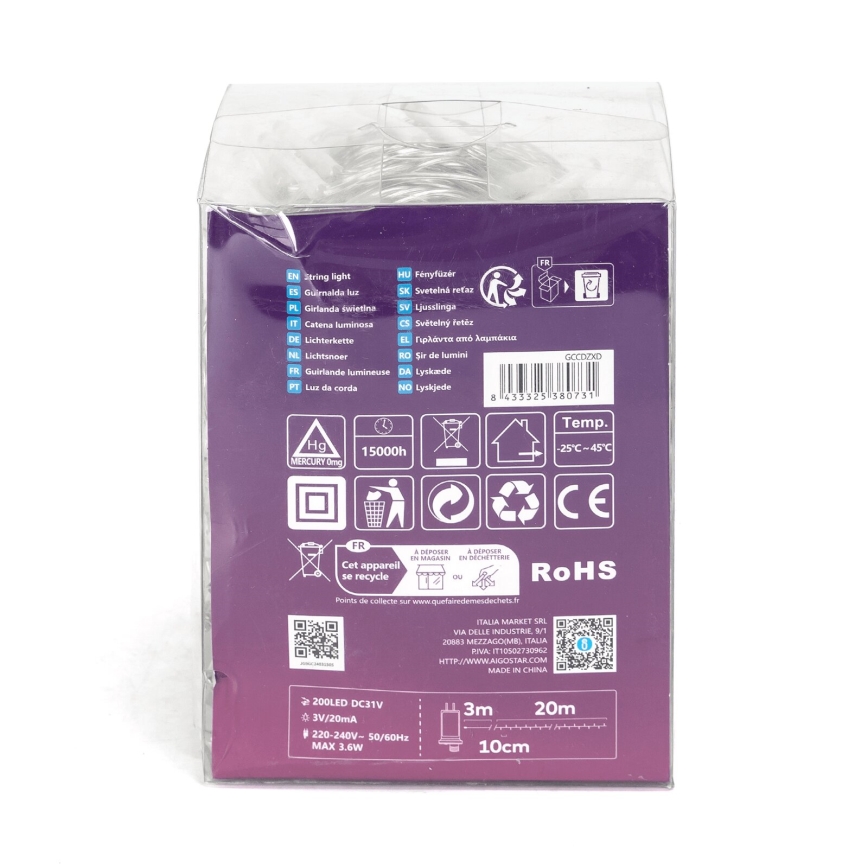 Aigostar - LED Božićne spoljašnje lampice 200xLED/8 funkcije 23m IP44 topla bela