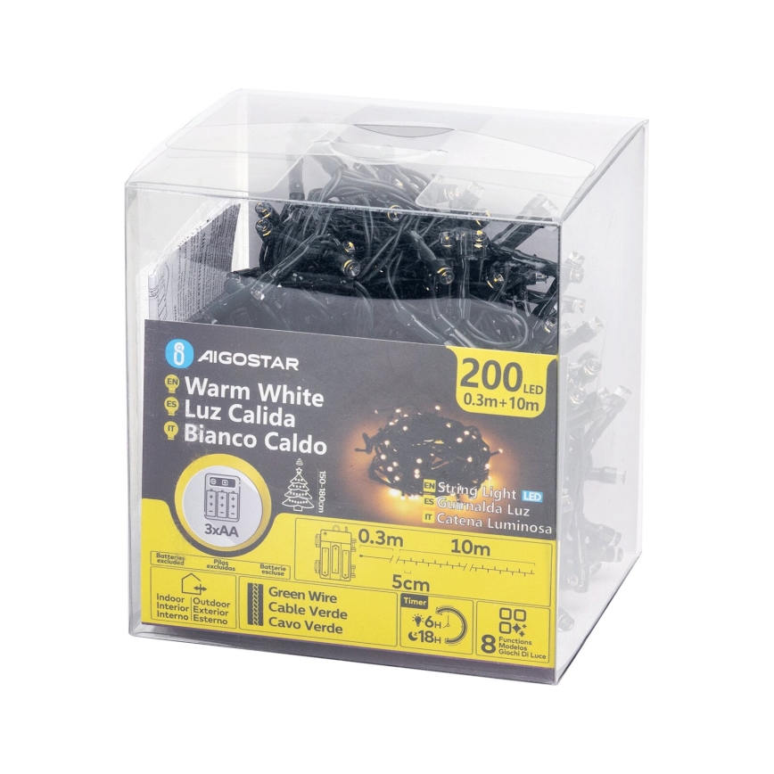 Aigostar - LED Božićne spoljašnje lampice 200xLED/8 funkcije 3xAA 10,3m IP44 topla bela