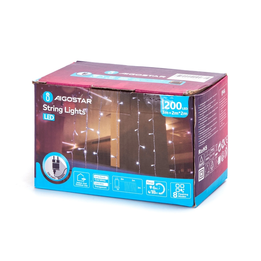 Aigostar - LED Božićne spoljašnje lampice 200xLED/8 funkcije 5x2m IP44 hladna bela
