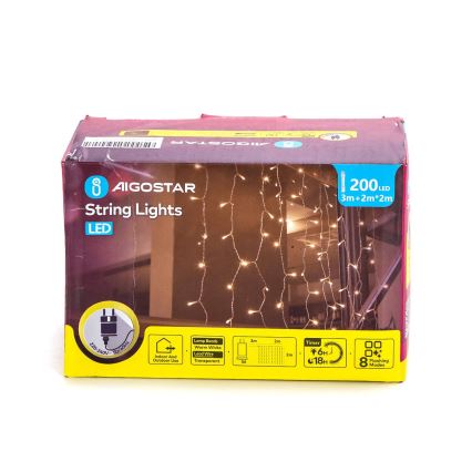 Aigostar - LED Božićne spoljašnje lampice 200xLED/8 funkcije 5x2m IP44 topla bela