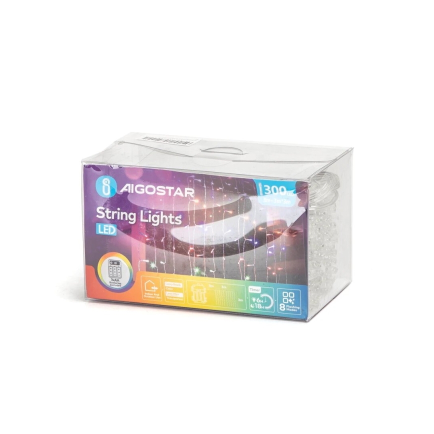 Aigostar - LED Božićne spoljašnje lampice 300xLED/8 funkcije 3xAA 6x3m IP44 šareni