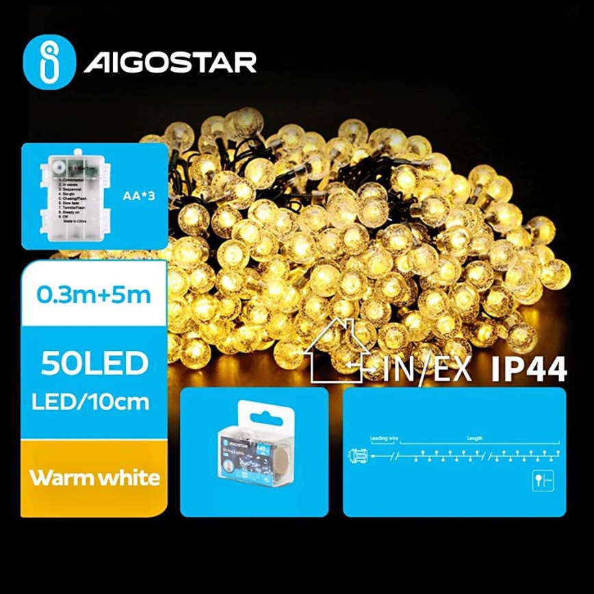 Aigostar - LED Božićne spoljašnje lampice 50xLED/3xAA/8 funkcije 5,3 m IP44 topla bela