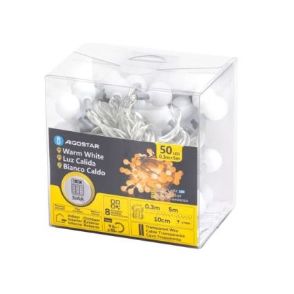 Aigostar - LED Božićne spoljašnje lampice 50xLED/3xAA/8 funkcije 5,3 m IP44 topla bela