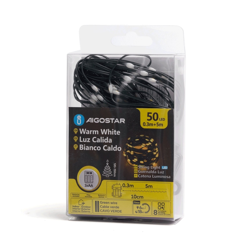 Aigostar - LED Božićne spoljašnje lampice 50xLED/8 funkcije 3xAA 5,3m IP44 topla bela
