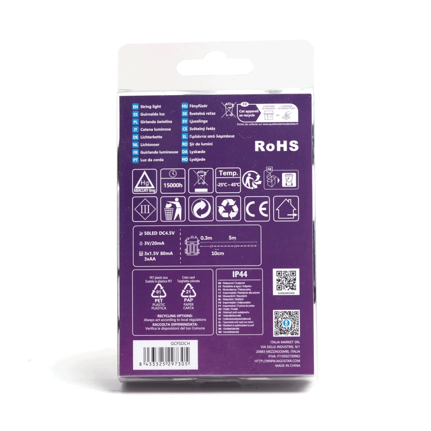 Aigostar - LED Božićne spoljašnje lampice 50xLED/8 funkcije 3xAA 5,3m IP44 topla bela