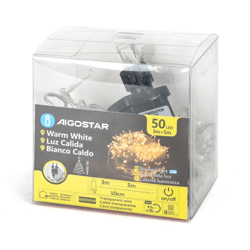Aigostar - LED Božićne spoljašnje lampice 50xLED/8 funkcije 8m IP44 topla bela