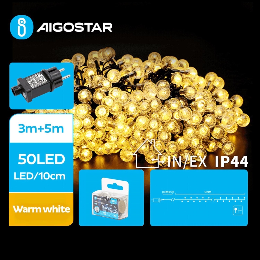 Aigostar - LED Božićne spoljašnje lampice 50xLED/8 funkcije 8m IP44 topla bela