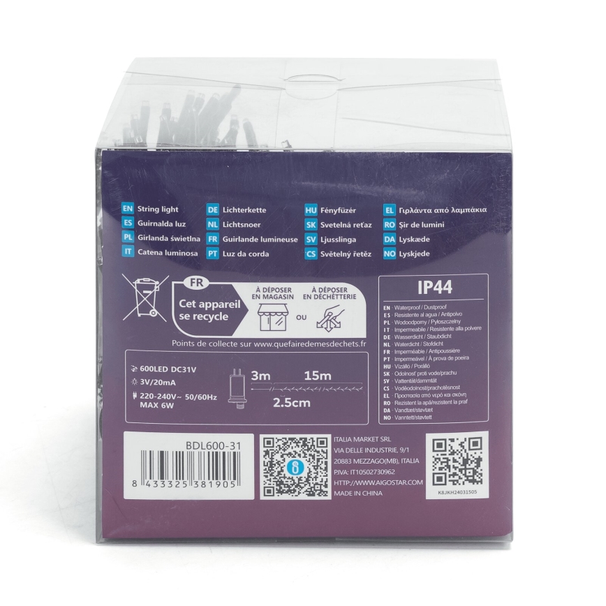 Aigostar - LED božićni niz za spoljašnju upotrebu 600 LED/8 funkcija 18 m IP44 hladno bela