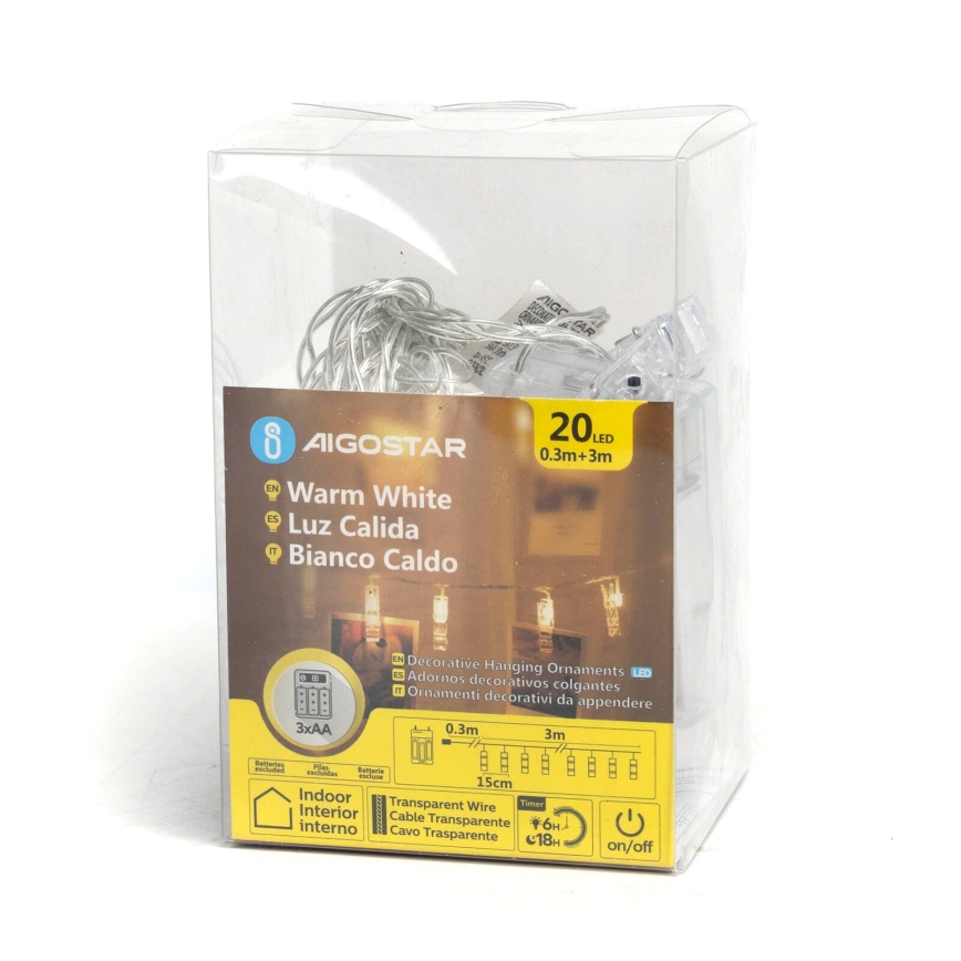 Aigostar - LED Dekorativni lanac sa štipaljkama 20xLED/3xAA 3,3m topla bela