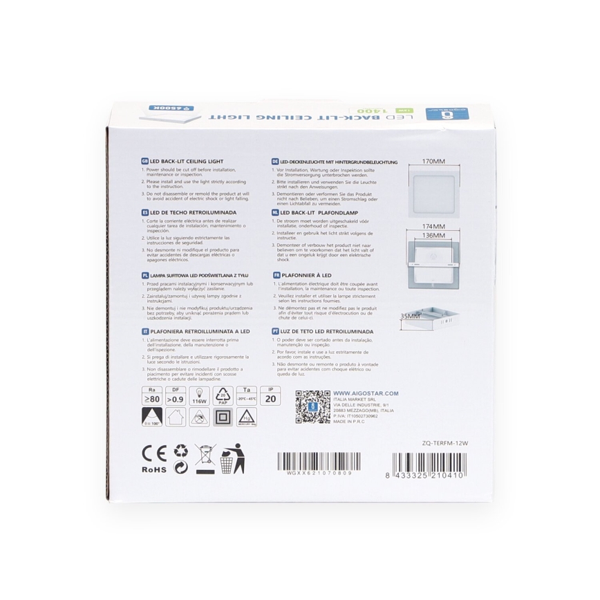 Aigostar - LED Nadgradna plafonjera LED/12W/230V 17,3x17,3 cm 6500K bela