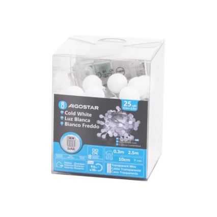 Aigostar - LED spoljašnji božićni lanac 25xLED/3xAA/8 funkcija 2,8 m IP44 hladna bela