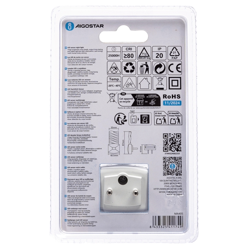 Aigostar - LED Noćno svetlo sa senzorom za dan/noć LED/0,2W/230V 3000K