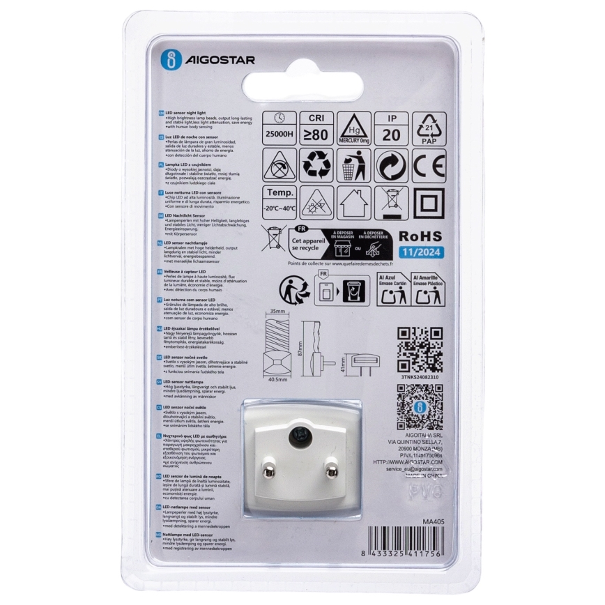 Aigostar - LED Noćno svetlo sa senzorom za dan/noć LED/0,2W/230V 6500K