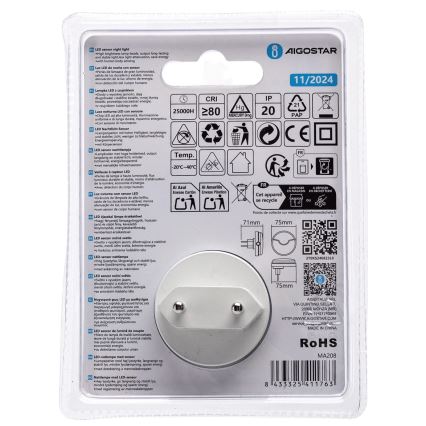 Aigostar - LED Noćno svetlo sa senzorom za dan/noć LED/0,5W/230V 3000K