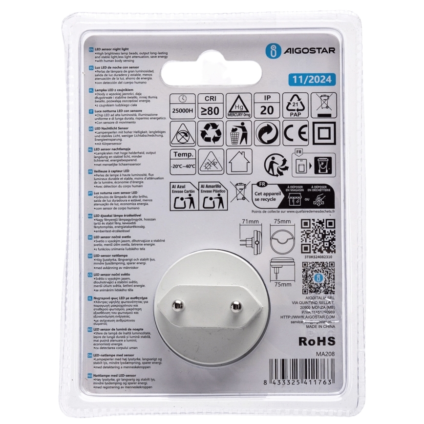 Aigostar - LED Noćno svetlo sa senzorom za dan/noć LED/0,5W/230V 3000K