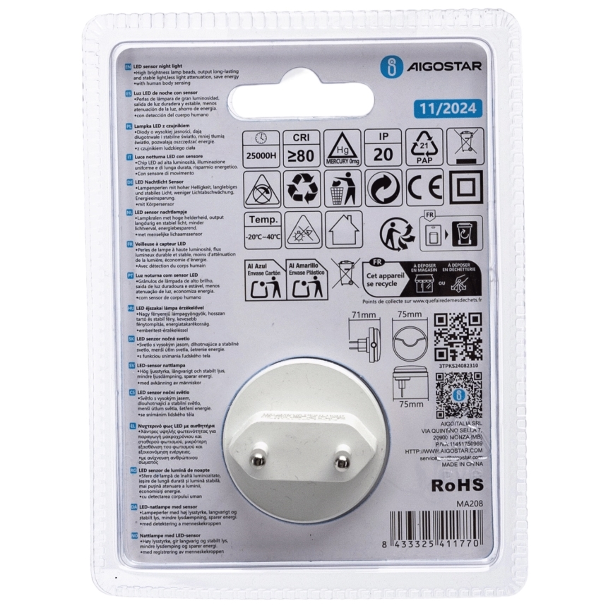 Aigostar - LED Noćno svetlo sa senzorom za dan/noć LED/0,5W/230V 6500K