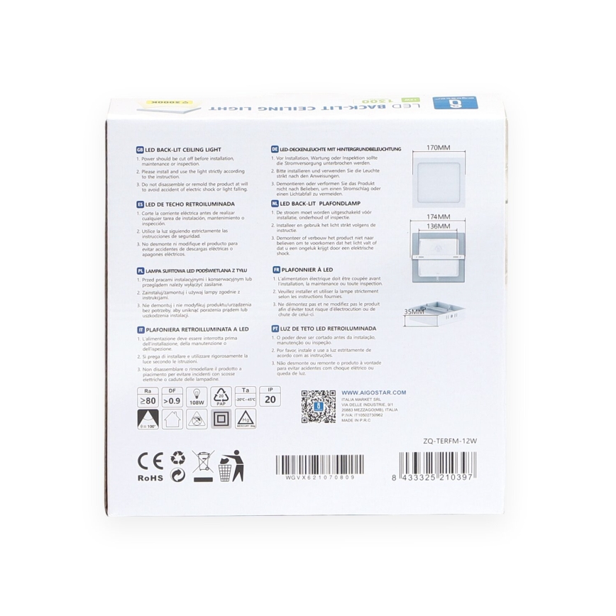 Aigostar - LED Plafonjera LED/12W/230V 17,3x17,3 cm 3000K bela