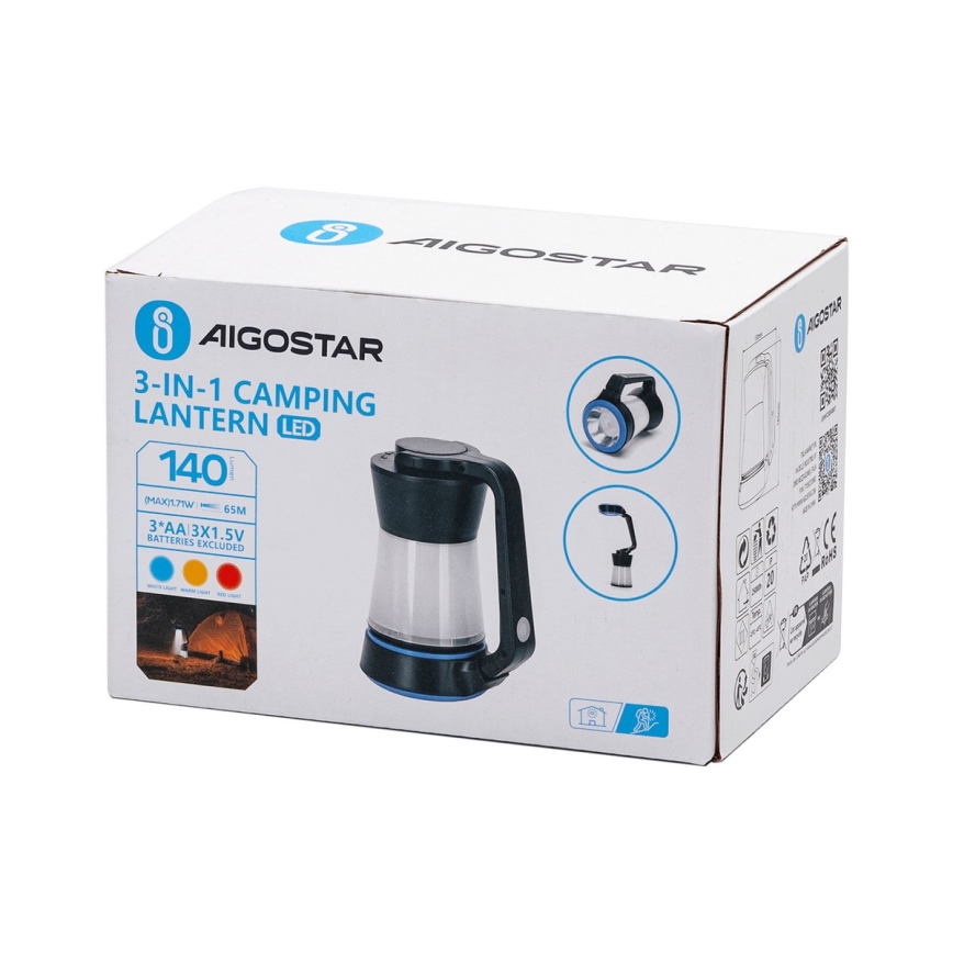 Aigostar - LED Prigušiva kampovanje lampa 3u1 LED/3xAA crno/plava