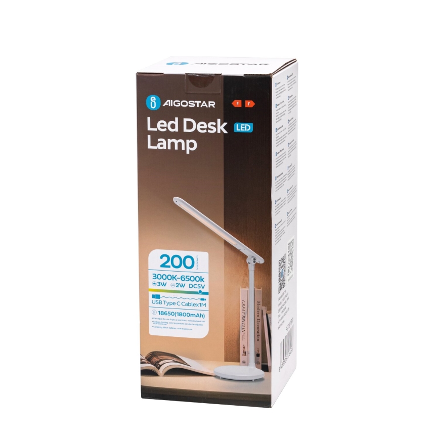 Aigostar - LED Prigušiva punjiva dodirna stona lampa LED/3W/5V 2700/4000/6500K 1800 mAh