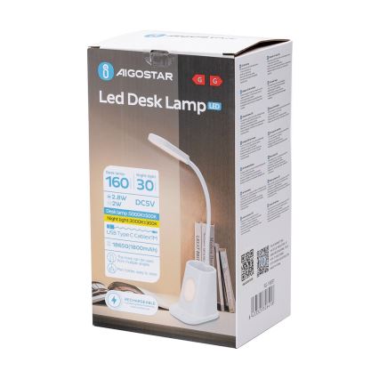 Aigostar - LED Prigušiva punjiva stona lampa LED/2,8W/5V 1800mAh 3000/5000K bela