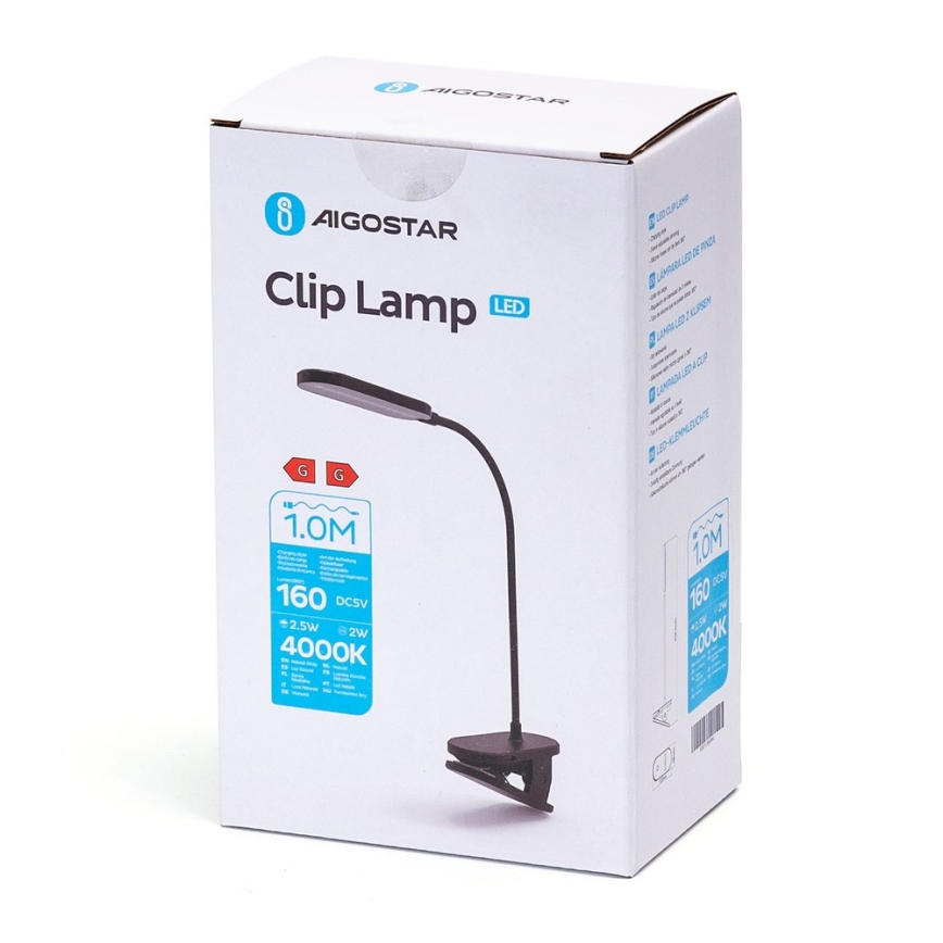 Aigostar - LED Prigušiva punjiva stona lampa sa štipaljkom LED/2,5W/5V crno