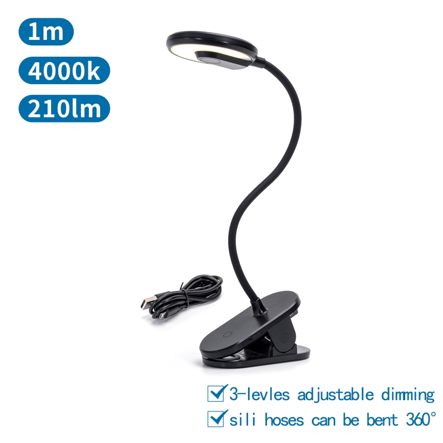 Aigostar - LED Prigušiva punjiva stona lampa sa štipaljkom LED/3W/5V 1800mAh crno