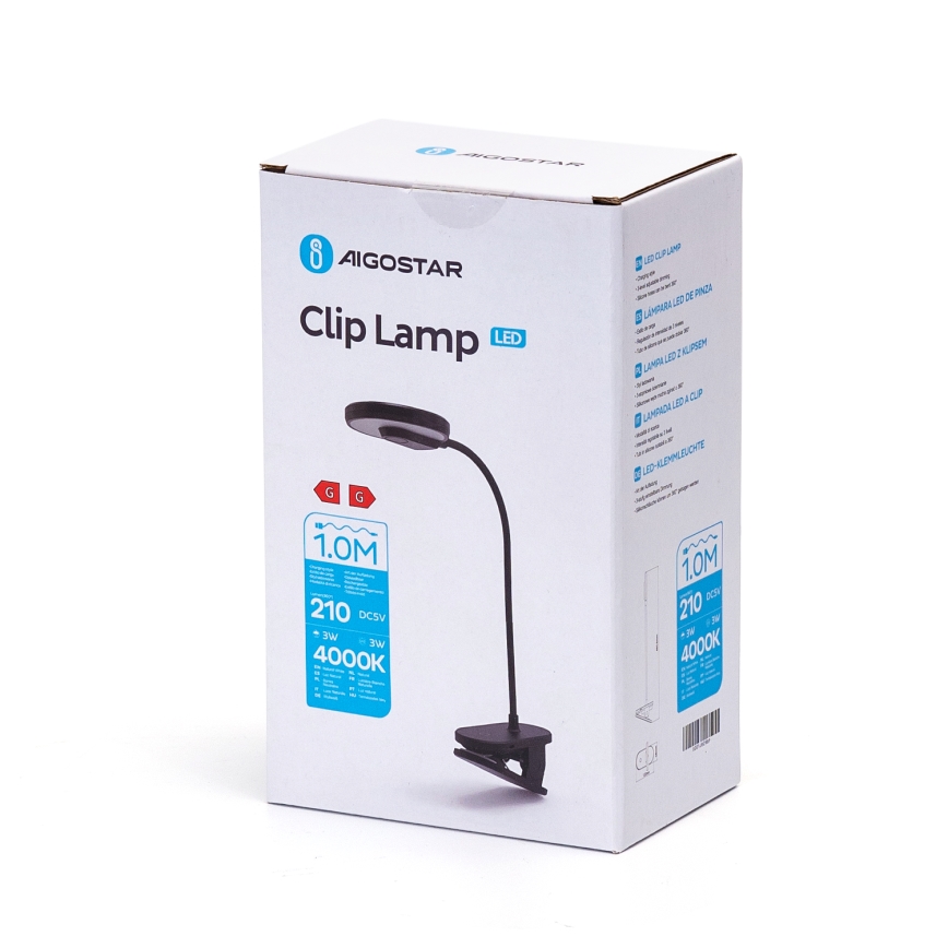 Aigostar - LED Prigušiva punjiva stona lampa sa štipaljkom LED/3W/5V 1800mAh crno