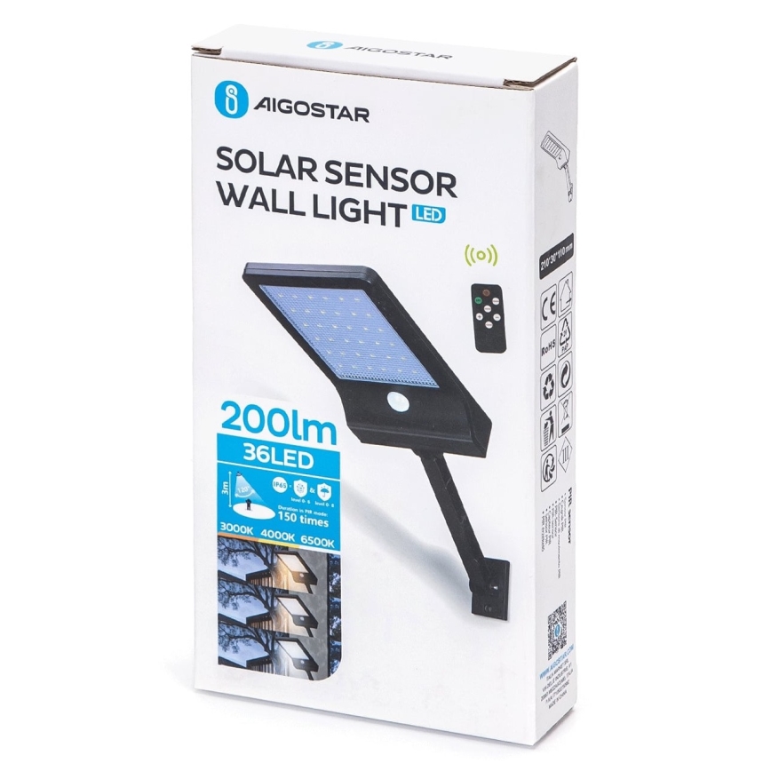 Aigostar - LED Prigušiva solarna lampa sa senzorom LED/2,3W/5,5V IP65 + Daljinski upravljač