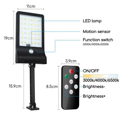 Aigostar - LED Prigušiva solarna lampa sa senzorom LED/2,3W/5,5V IP65 + Daljinski upravljač