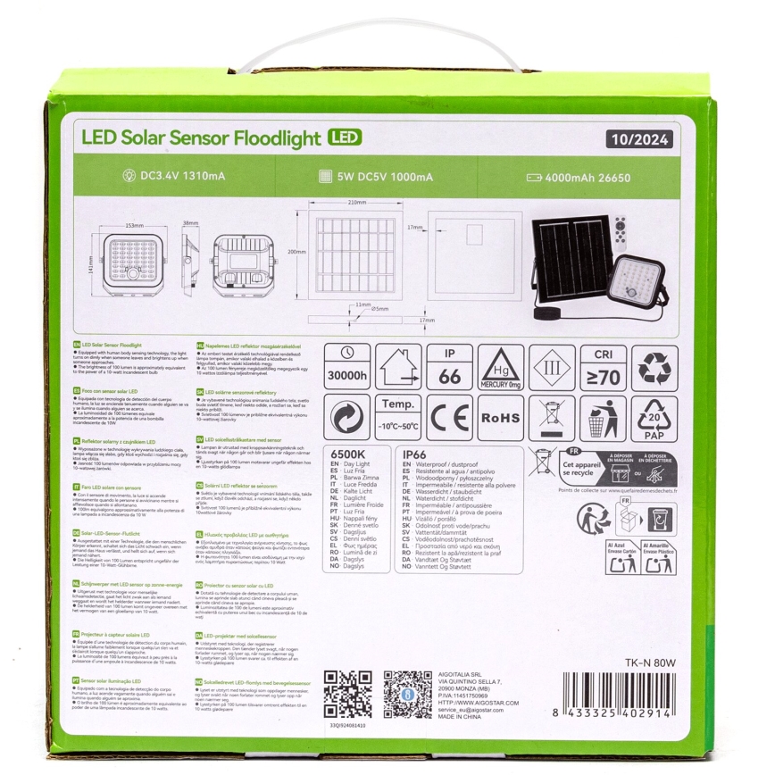 Aigostar - LED prigušiva solarni reflektor sa senzorom LED/80W/3,4V 6500K IP66 4000 mAh + daljinski upravljač