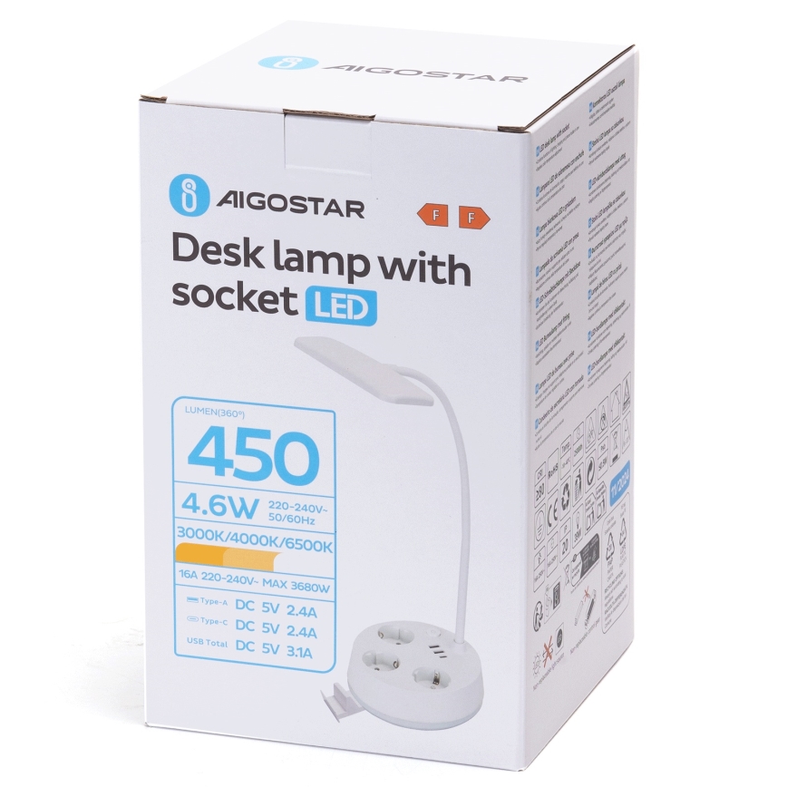 Aigostar - LED prigušiva stona lampa sa utičnicama i USB LED/4,6W/230V 3000/4000/6500K bela